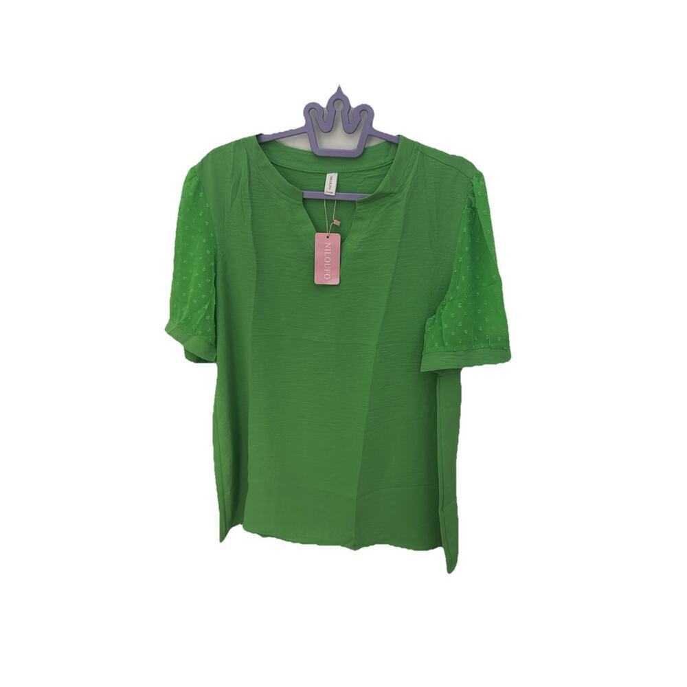 Nitoufo Women's Green Blouse Short Sleeve Textured Sheer Sleeves Size XL New - Picture 3 of 5